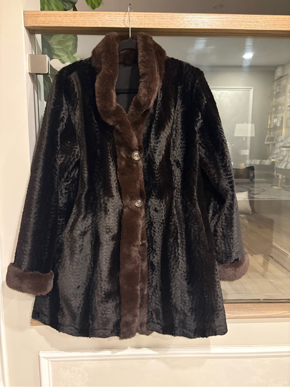 Brown and Black Faux Fur Coat for Women - Elegant Winter Jacket Reversible